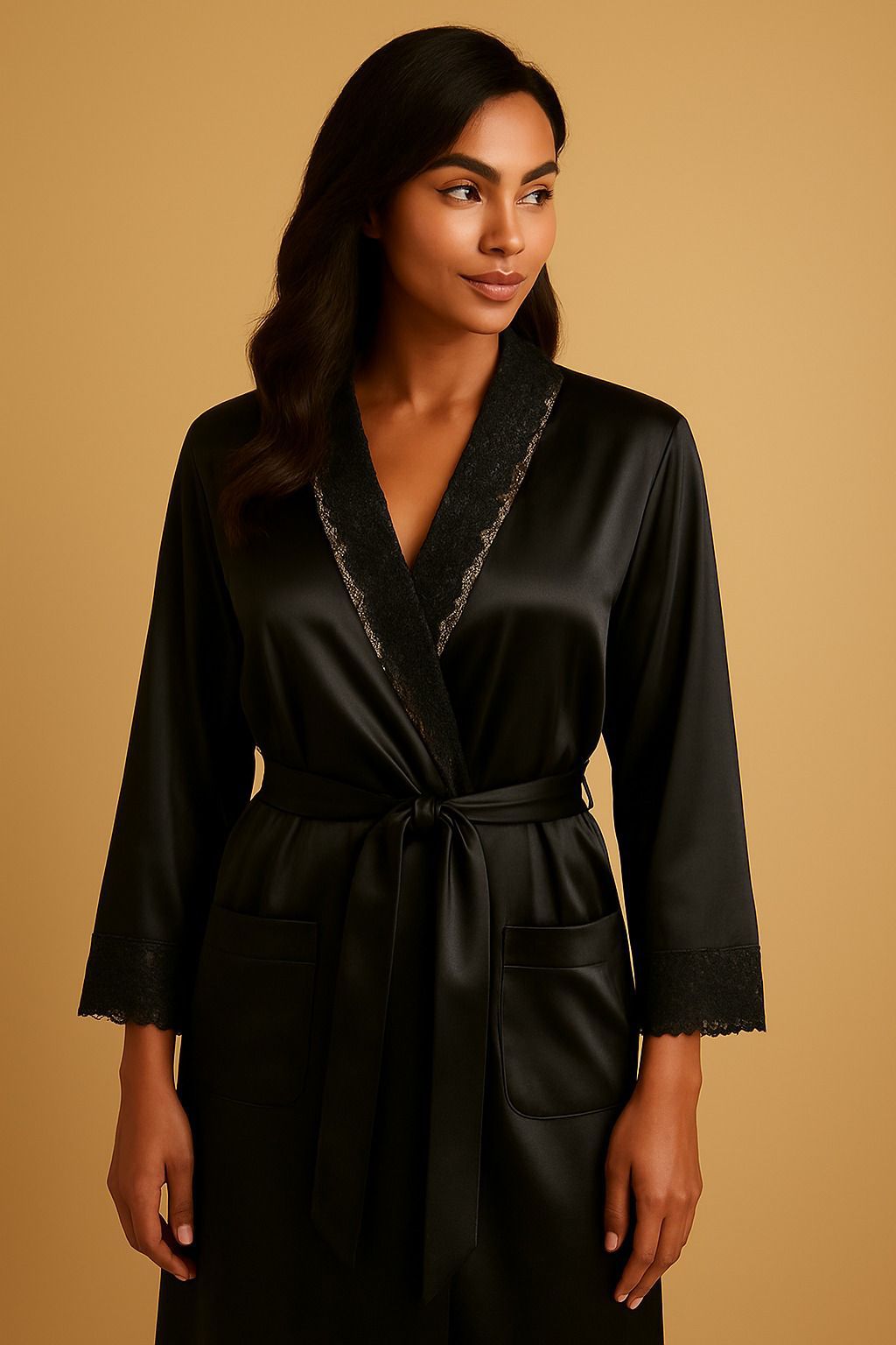 LUNDER Duaz Royalty Satin Robe Lace Trim