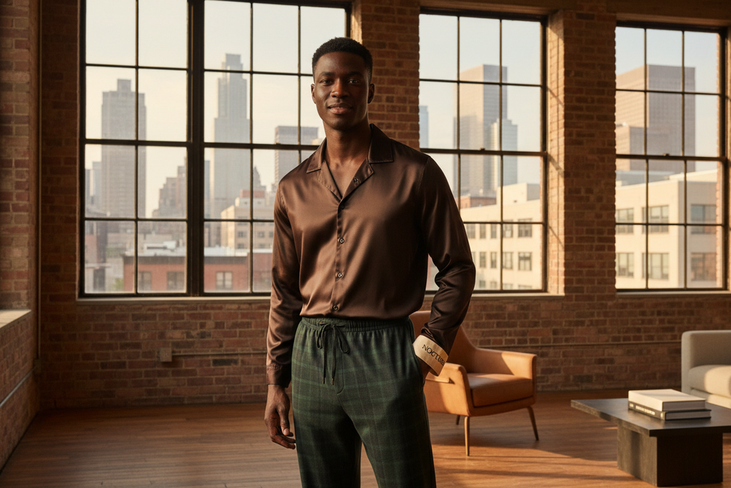 LUNDER DUAZ Mens Espresso Satin Lounge Set with Plaid Pants