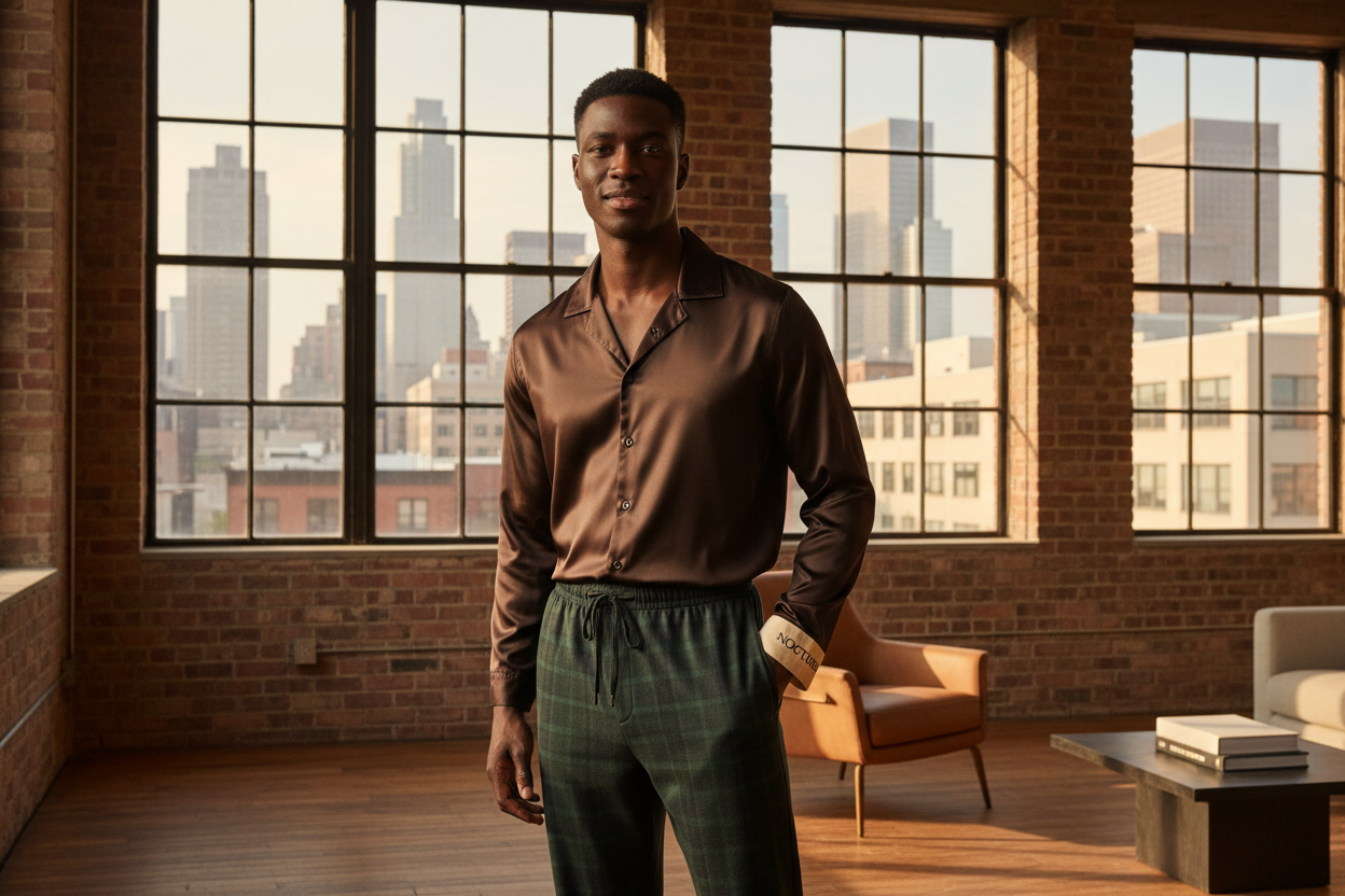 LUNDER DUAZ Mens Espresso Satin Lounge Set with Plaid Pants