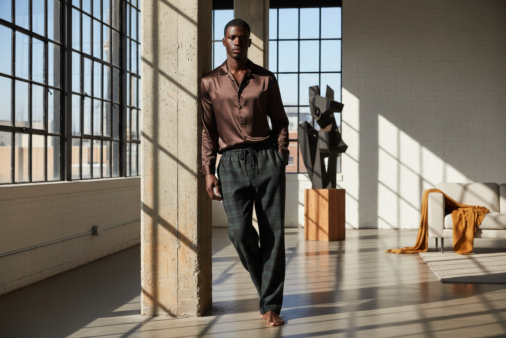 LUNDER DUAZ Mens Espresso Satin Lounge Set with Plaid Pants