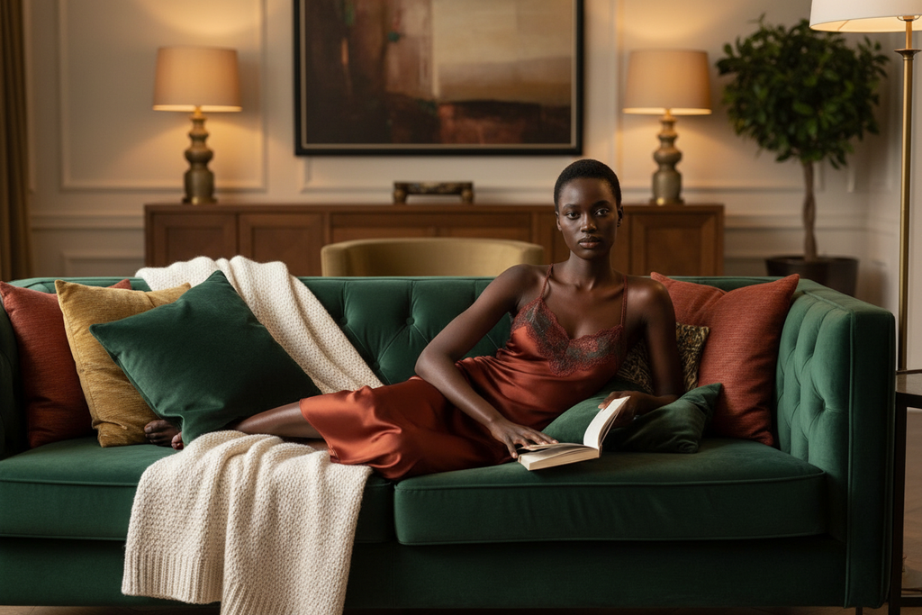 Lounge on velvet sofa