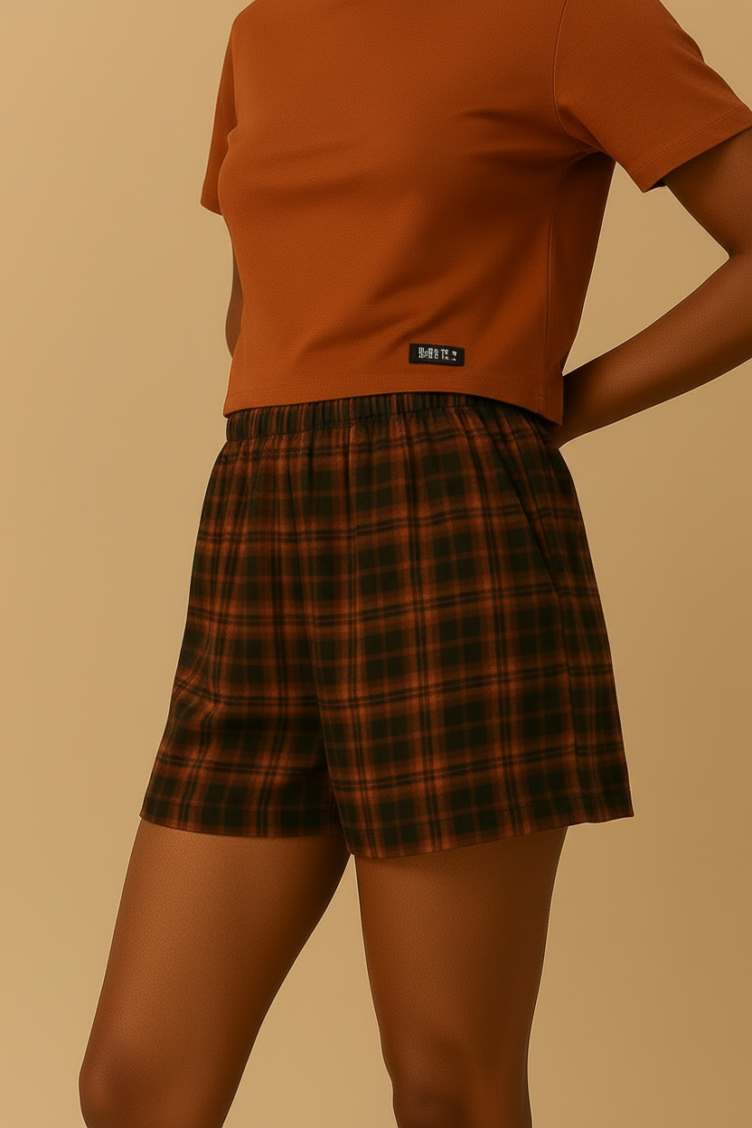 Lunder Duaz Ladies Rust Sleep Boxer Set fit detail with plaid