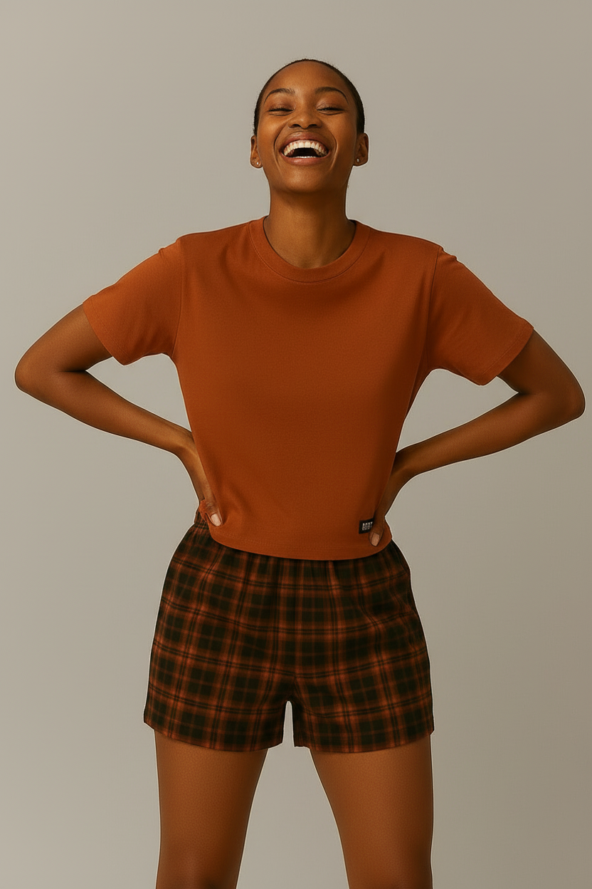 Lunder Duaz Ladies Rust Sleep Boxer Set full body studio shot