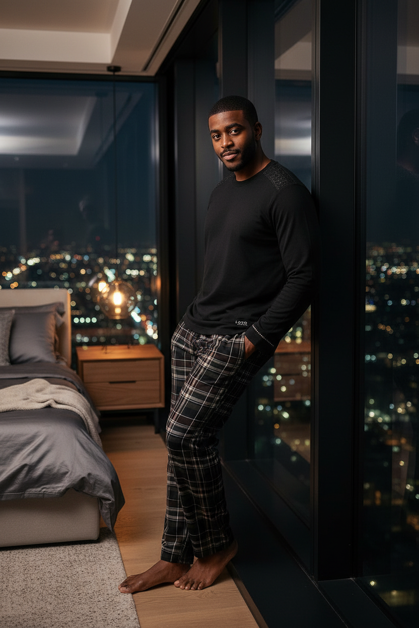 LUNDER Duaz Plaid Lounge Set Full-Length - bedroom city view