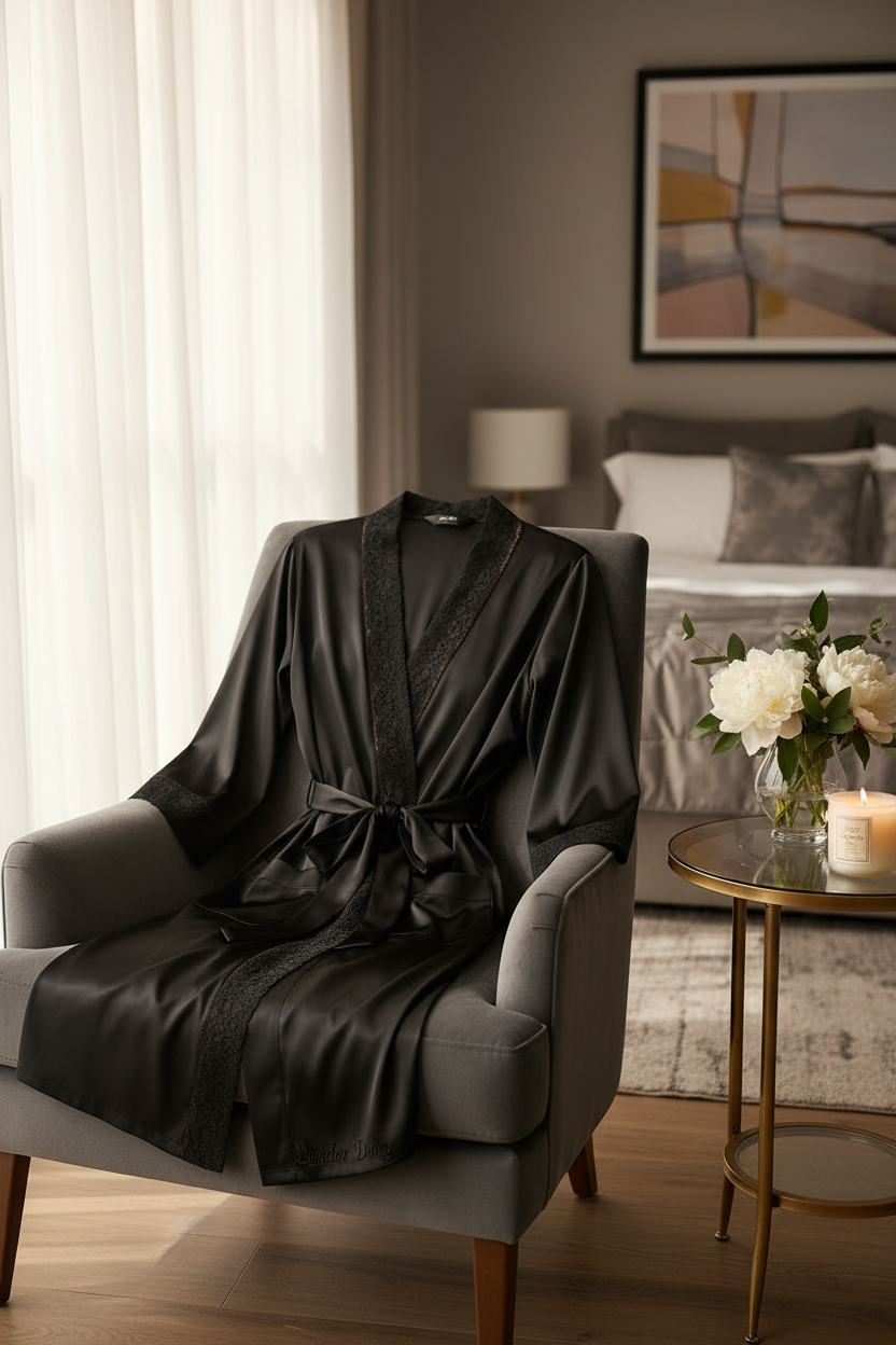 Lunder Duaz Royalty Satin Robe Lace Trim elegant setting