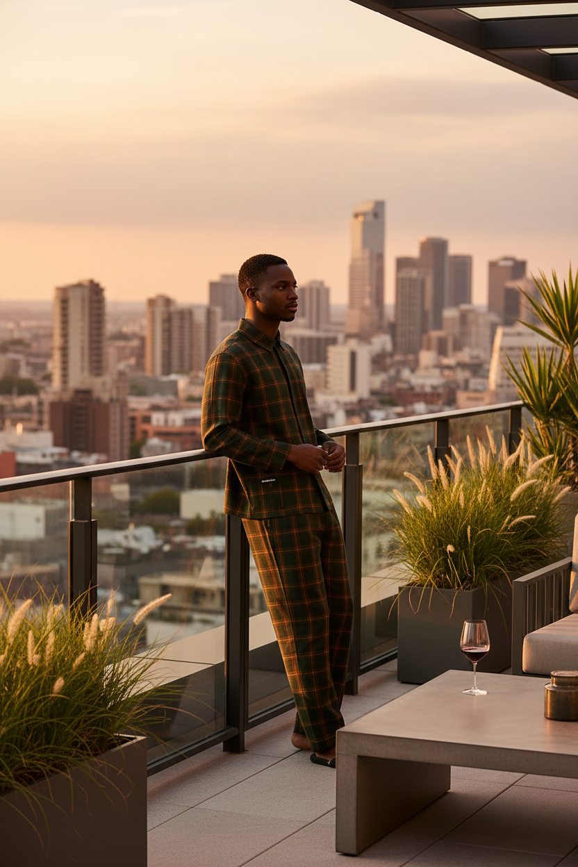 Mens Dark Traditional Pyjama Set - rooftop golden hour
