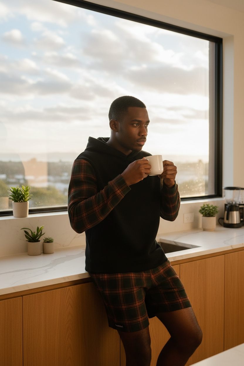 Plaid-Sleeve Contrast Set - kitchen coffee scene