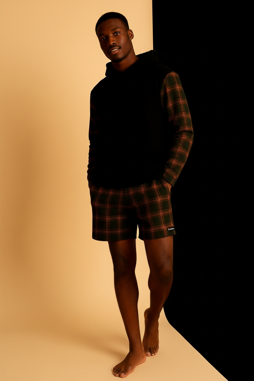 Plaid-Sleeve Contrast Set - pants corrected