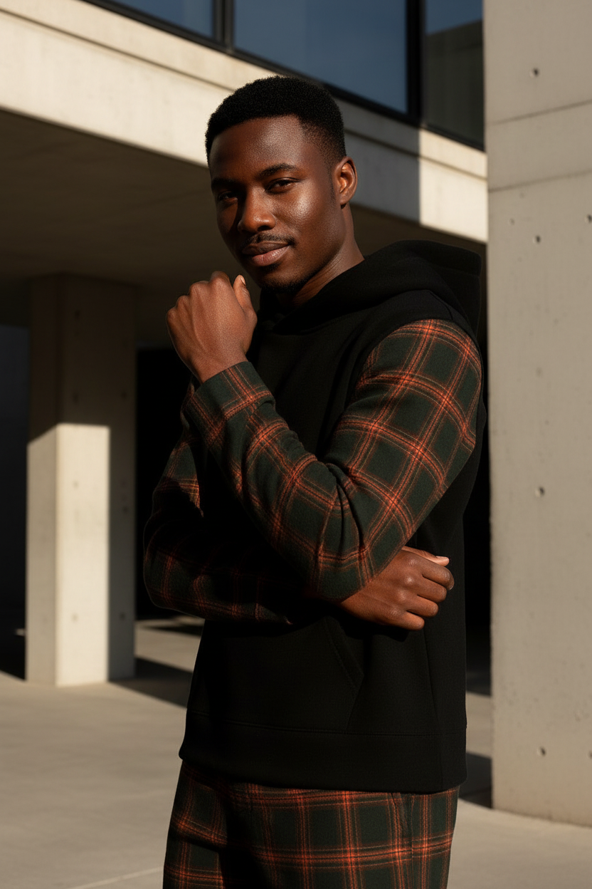 Plaid-Sleeve Contrast Set - sleeve detail editorial